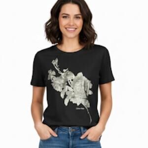 Calvin Klein T Shirt Womens Small Black Floral Foil Graphic Classic Soft Casual
